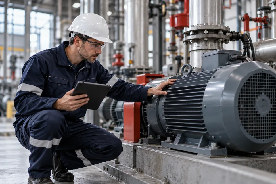 Illustration générée : ingénieur inspectant un moteur industriel.