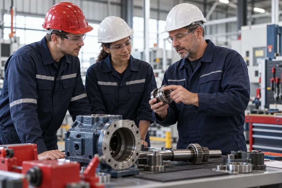 Illustration générée : formation de techniciens autour d’un équipement.