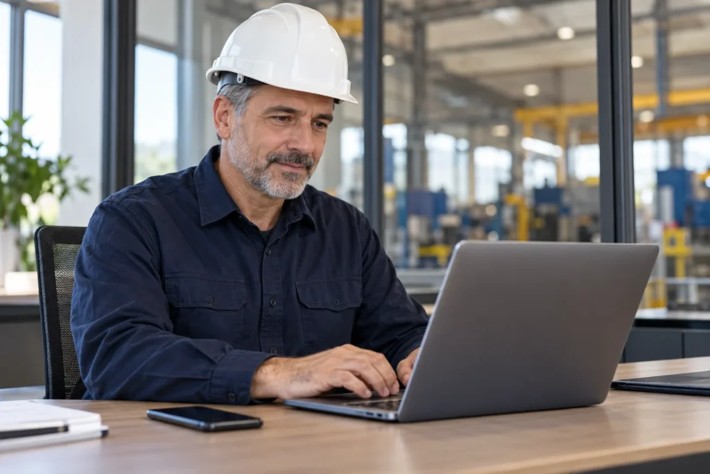 Illustration générée : un responsable industriel portant un casque de sécurité travaille devant son ordinateur, avec son GSM posé sur la table.